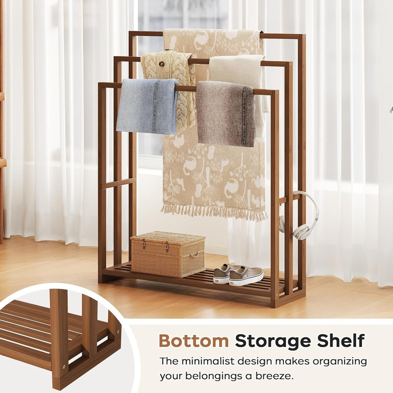 Porte-serviettes sur pied pour salle de bain, 100 cm de hauteur, porte-couvertures en bambou avec tablette