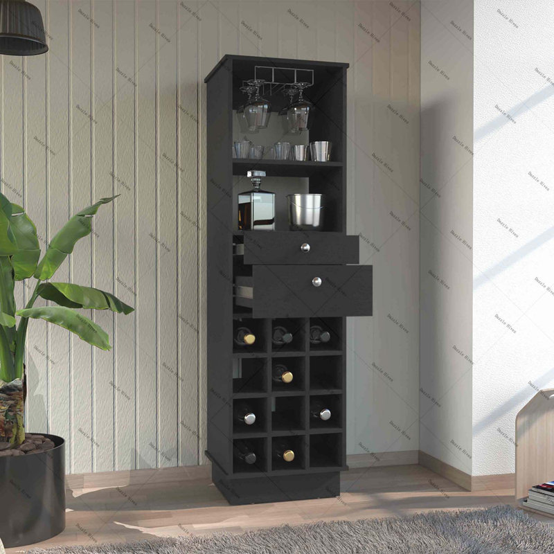 Armoire de bar classique, deux tiroirs, douze porte-bouteilles encastrés - noir