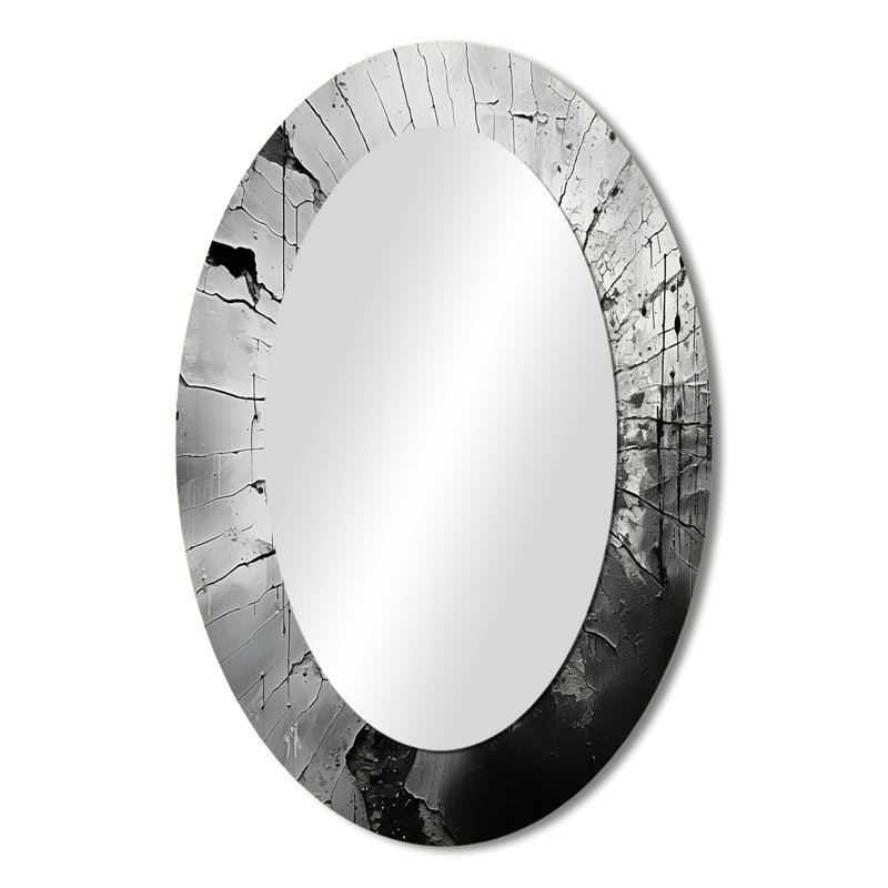 Shattered Grey Stone Geode Minimalism I - Spiritual Oval Decorative Mirror On Metal, 36" H x 24" W