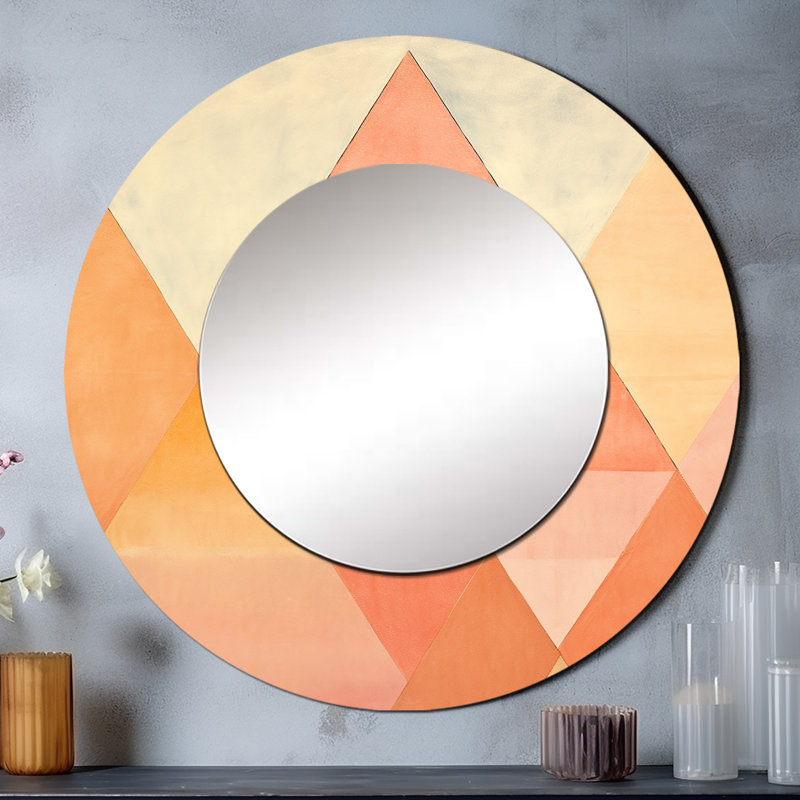 Samiur Peachy Pyramids Shapes - Abstract Shapes Unique Wall Mirror, Modern Round Mirror, Printed Metal Art, 36" x 36"