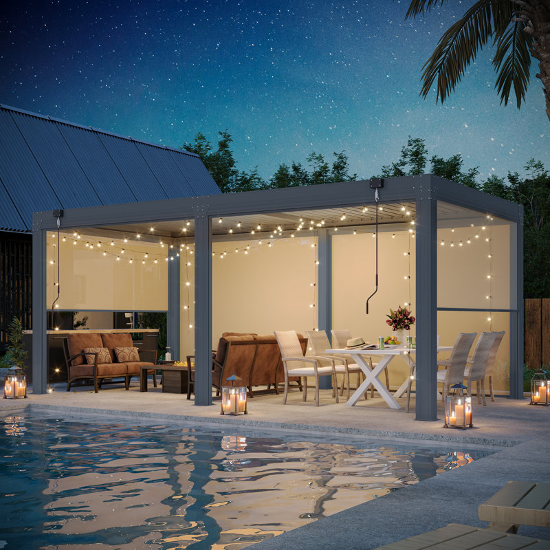16 x 12 Ft Louvered Pergola with Pull-Down Screens, Aluminum Outdoor Gazebo with Adjustable Waterproof Roof for Patio, Deck & Hot Tub, Dark Gray