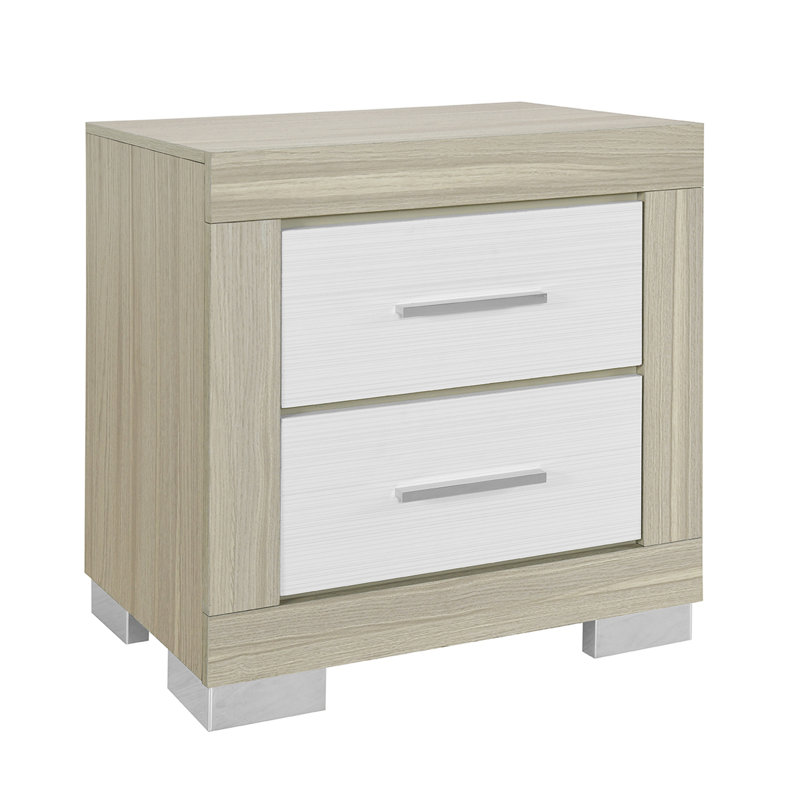 Table de chevet transitionnelle carrée naturelle et blanche à deux tiroirs avec joints, poignées de bar spacieuses, tiroirs de style bloc, pour chambre à coucher, bois massif et blanc, tiroir, carré, table de chevet, tiroirs