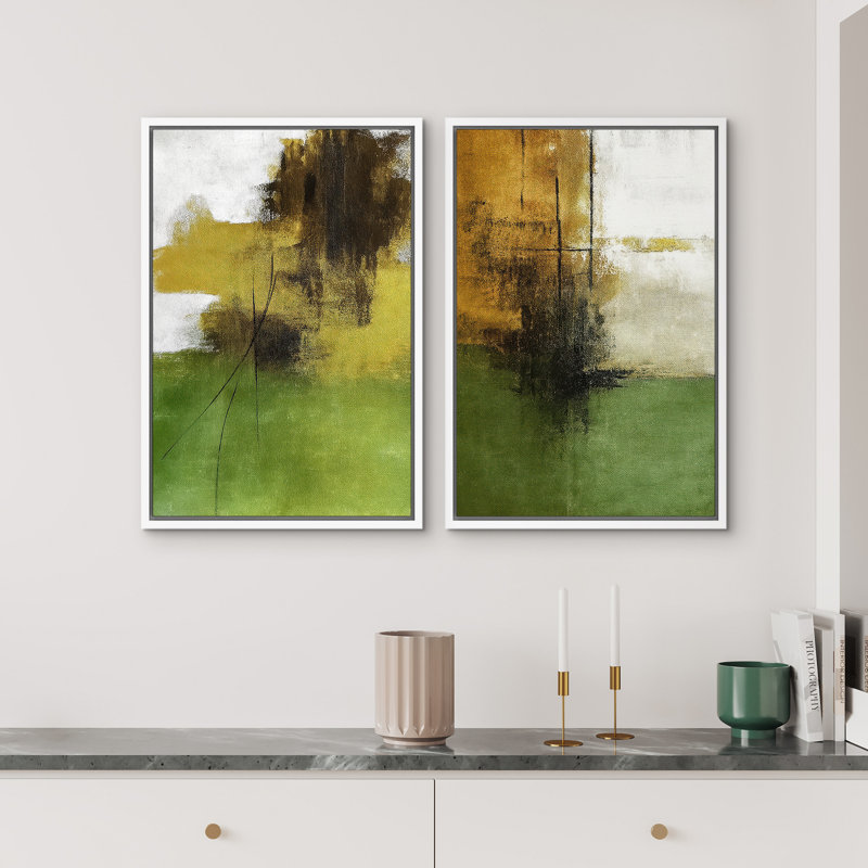 Art mural abstrait, ensemble de 2 reproductions d'art encadrées sur toile, H 24 po x l 32 po, Blanc