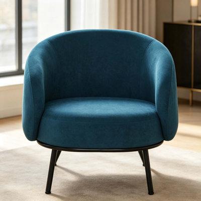 Fauteuil demi-tonneau en velours noir avec capitonnage, fauteuil de style Mid-Century moderne avec pieds en métal, canapé rembourré simple et confortable pour le salon - rembourrage en mousse