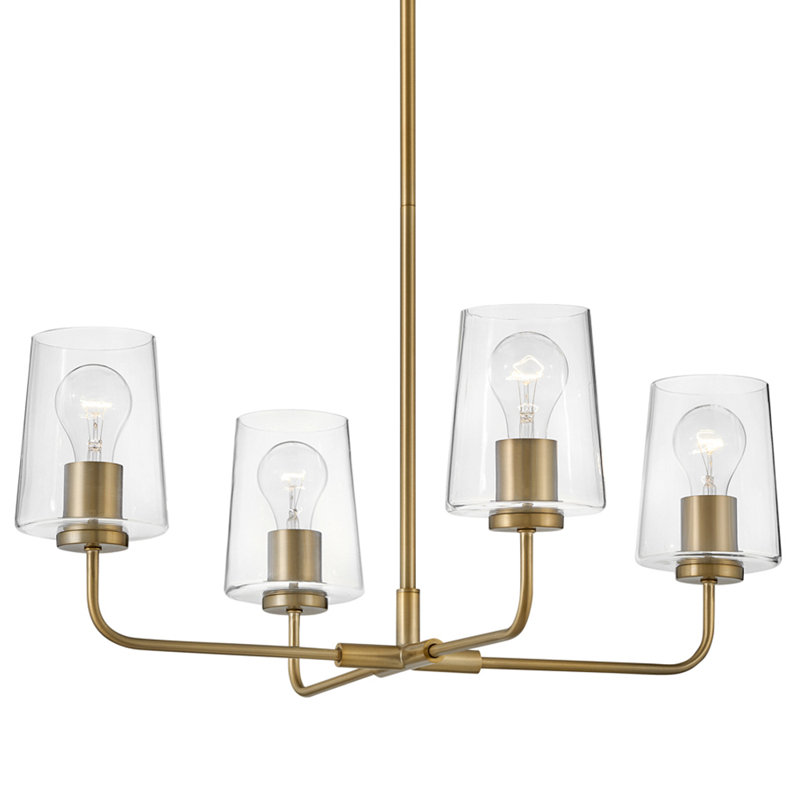 Lustre 4 lumières à un niveau avec abat-jour en verre effilé transparent, Doré