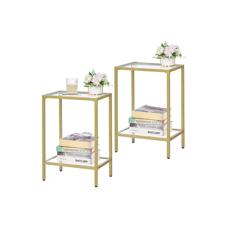 Gold Metal and Glass 2-Tier Rectangular Side Tables Set