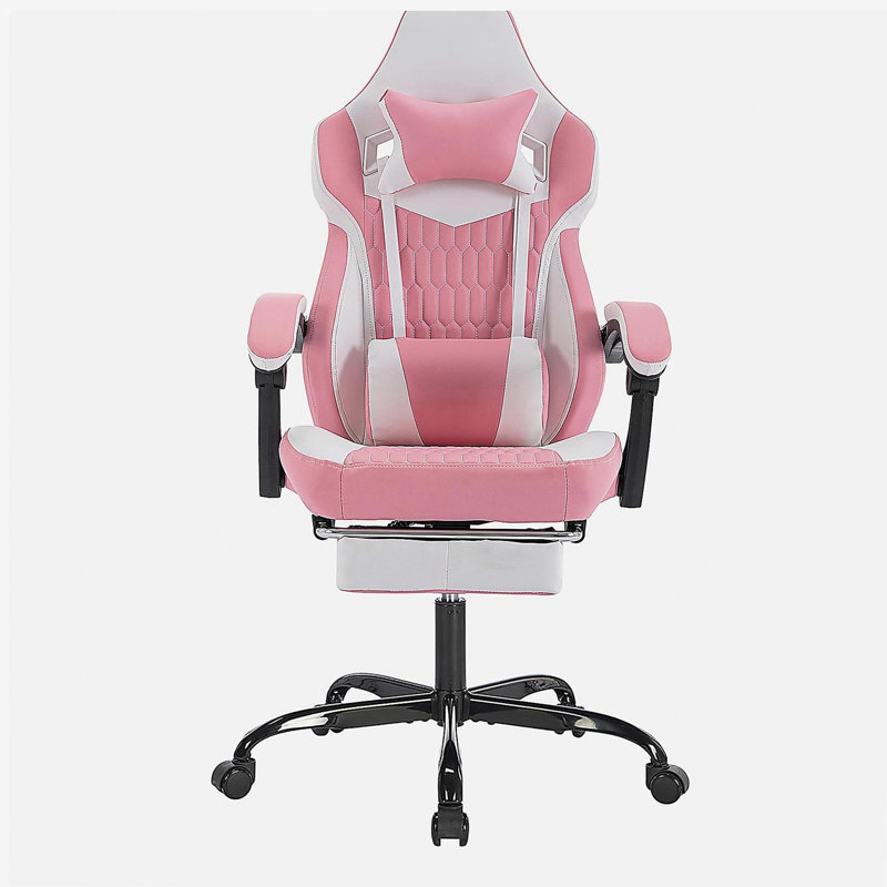 Game chair with footrest, high-back PVC leather ergonomic gaming chair, with adjustable headrest and lumbar support, racing style video game chair, suitable for office/home (pink)