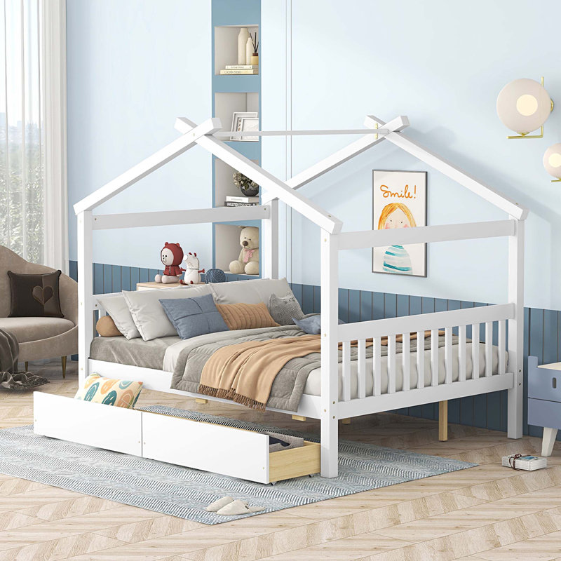 Lit double en bois avec tiroirs, Blanc
