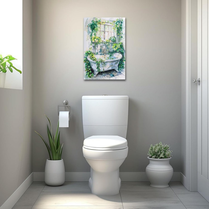 Baignoire avec feuille verte, art mural non encadré 24 po x 36 po