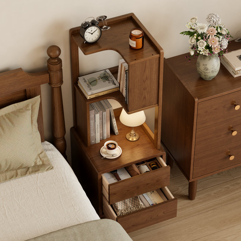Table de chevet en bois massif avec 2 tiroirs et une tablette ouverte réversible, Brun