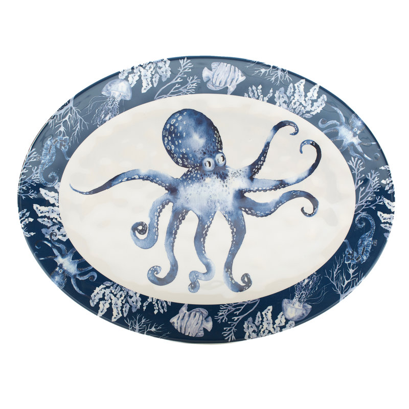 Sea Life Blue and White Melamine Round and Oval Platter Set