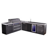 Mont Alpi Mai805-bss90bevxl 6-burner 94"x113" L-shaped Premium Black Stainless Steel Outdoor Kitchen Island Gas Grill + Beverage Center Sink & Faucet + Refrigerator + Granite Countertops + Rotisserie