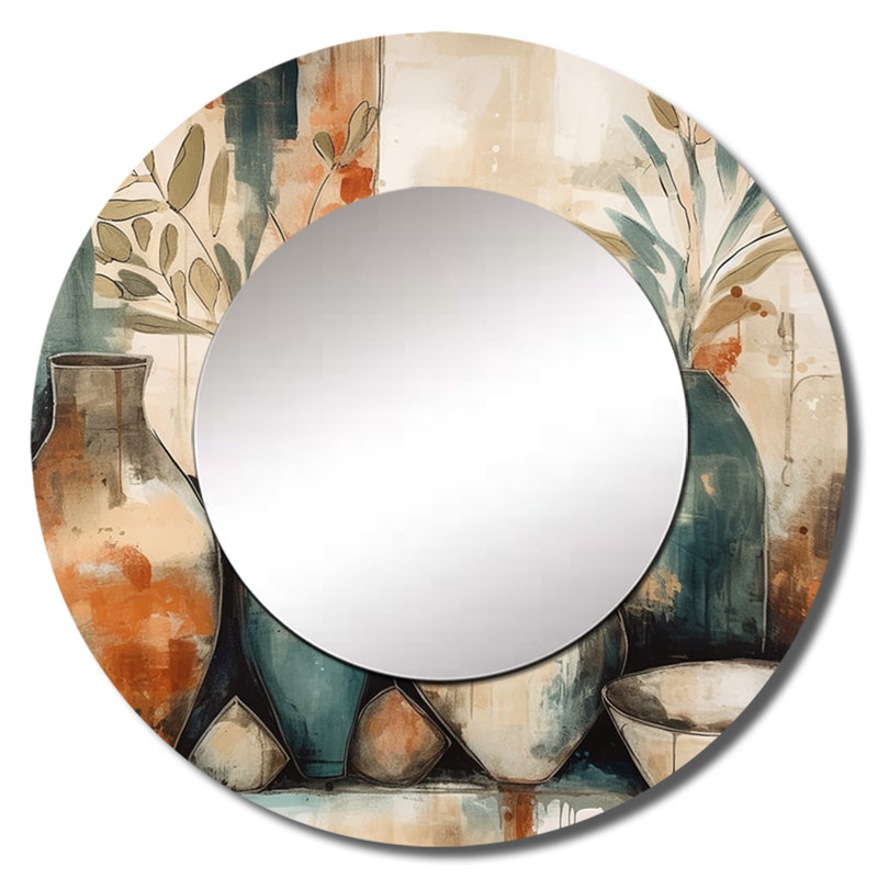 Graciliana orange et vert canalisant les vibrations bohémiennes - miroir plume bohème, miroir mural rond rond orange, impression d'art en métal