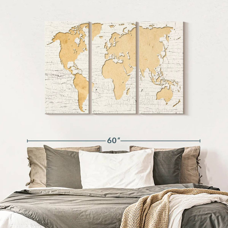 «World Map Beige World Map», reproduction sur toile 3 pièces par Jorge S, H 32 po x l 50 po x P 1,25 po