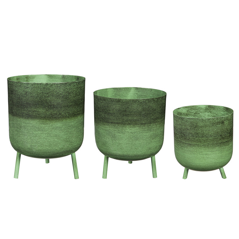 Cayan 3-Piece Embossed Green Nested Metal Pot Planter Set