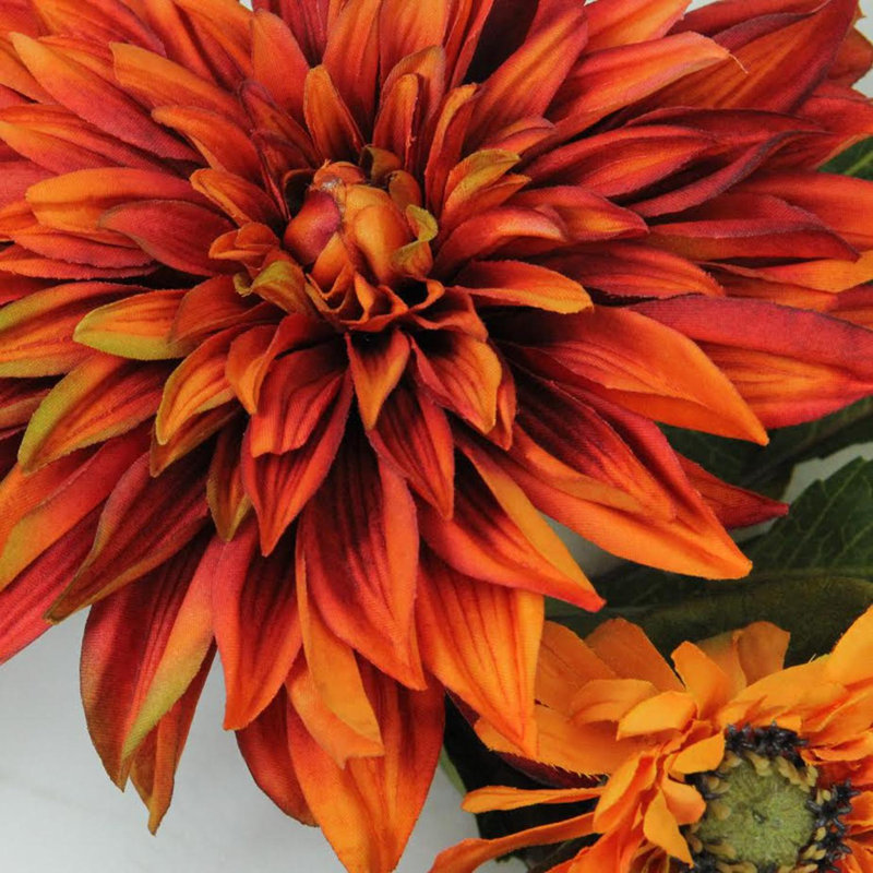 Mums and Daisies Twig Artificial Floral Wreath Orange 22-Inch