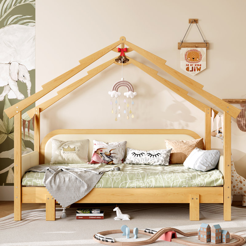 Wood Treehouse bed with Soft Cushion Rails, White