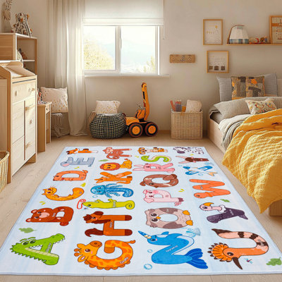 4x5ft Children's Area Rug, Animals Alphabet Pattern, Faux Cashmere Non-Slip Carpet, Suitable for Living Room, Bedroom, Children's Room, Home Decor