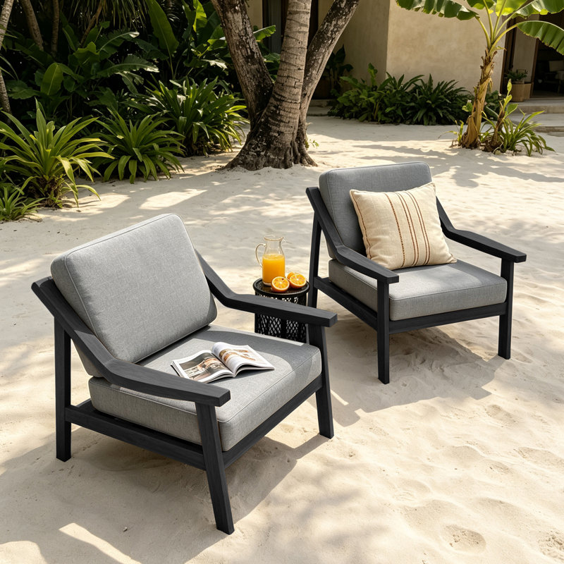 Chaises longues d'extérieur en bois de teck avec coussin et accoudoirs Marlo, Gris, Noir