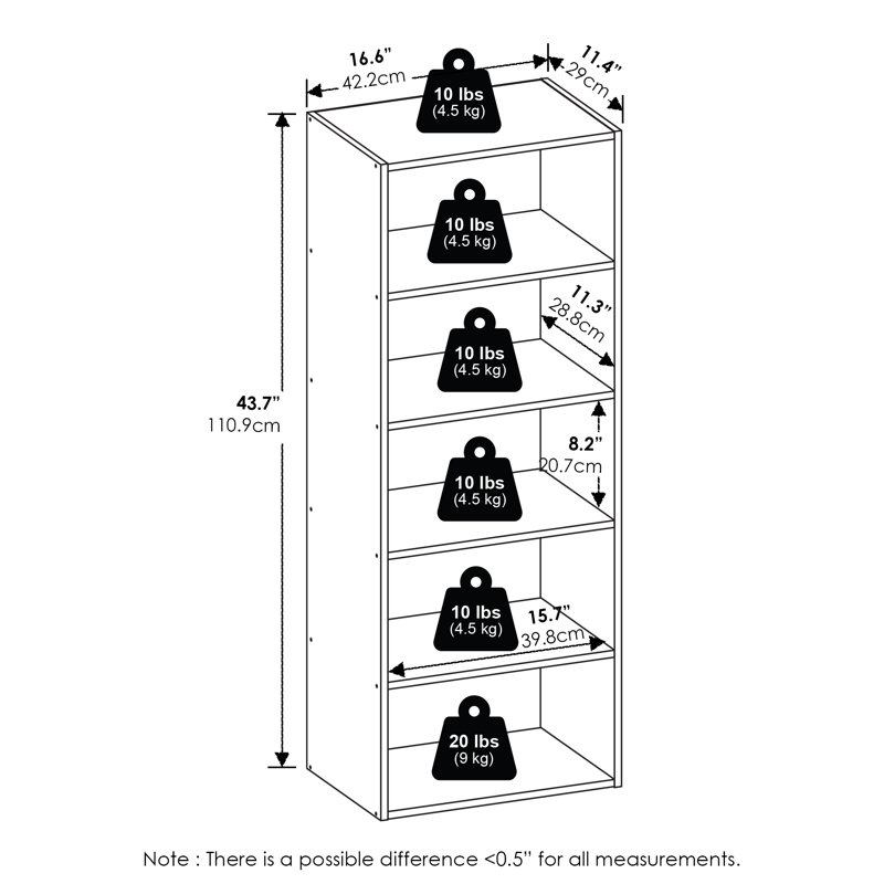 Bibliothèque à 5 niveaux Furinno Basic, (5 tablettes) H 43,66 po x l 16,61 po x P 11,42 po