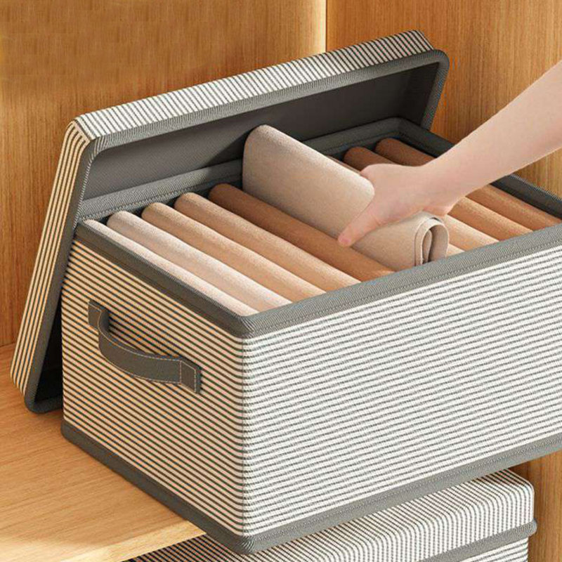 Boîte de rangement en tissu rayé 4 pièces, grande boîte de rangement renforcée intégrée, rangement pliable, Gris