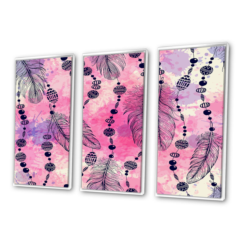 «Pink and Purple Boho Feathers», ensemble de 3 impressions sur toile à cadre flottant, H 28 po x l 36 po x P 1 po