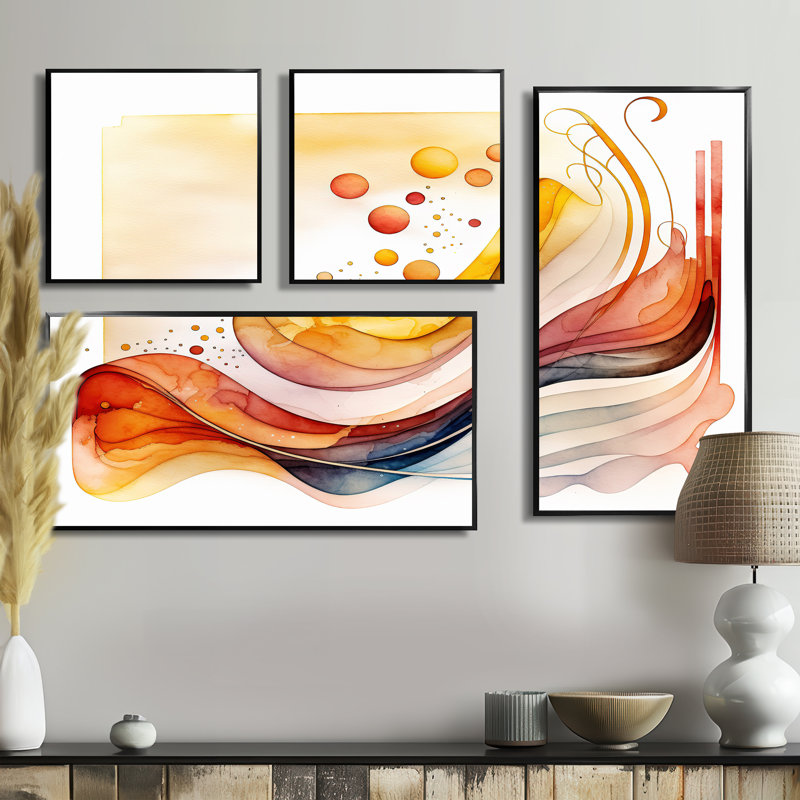 «Warm Minimalist Waves» - art mural jaune 4 pièces, Noir, Impression encadrée sans passe-partout