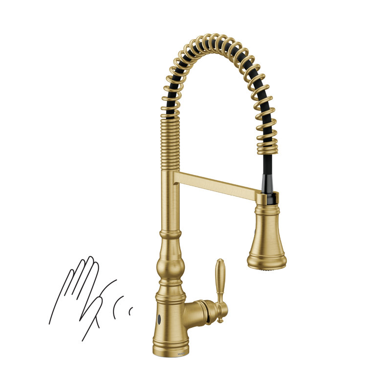 Moen Weymouth Pre-Rinse Spring Pull-Down Single Handle Kitchen Faucet, Brushed Gold, No SenSor