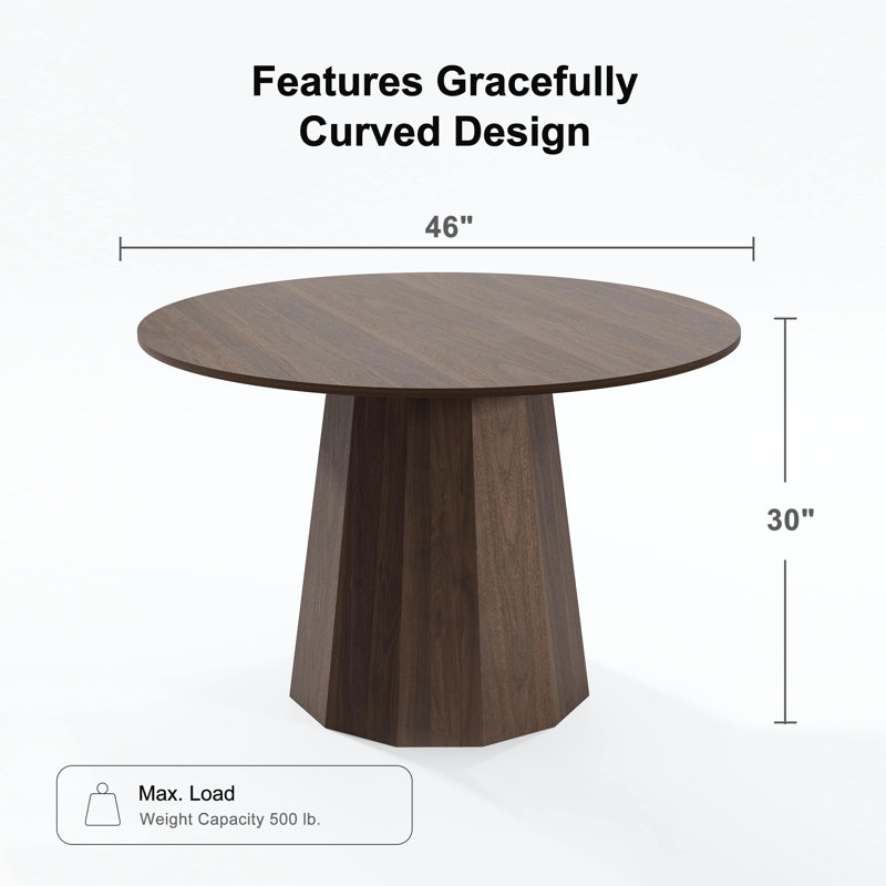 Solid Wood Dining Table Round Pedestal Kitchen Table, 30”H x 46”L x 46”W, Walnut