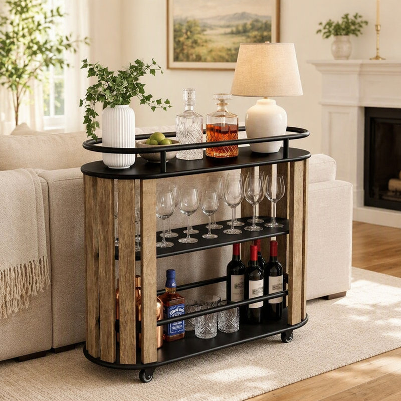 35.43-Inch 3-Tier Bar Cart with Wheels and Metal Frame, Industrial Rolling Serving Cart for Kitchen