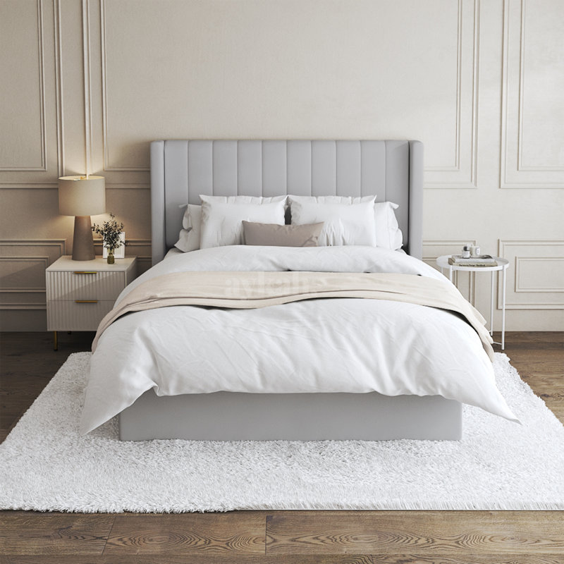 Lit plateforme capitonné avec rangement, Grand, Gris clair