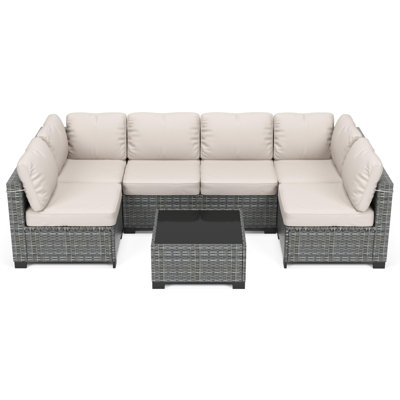 7-Piece Outdoor Patio Sectional Sofa Set - All-Weather PE Rattan Wicker Conversation Furniture with Thick Detachable Cushions & Glass Top Coffee Table - For Garden, Balcony, Porch - Gray Gradient Rattan + Designer-Inspired Cushion