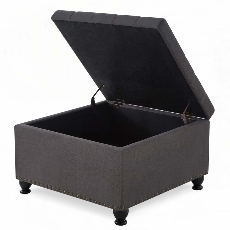 Repose-pieds carré avec rangement et pieds en bois, Gris foncé