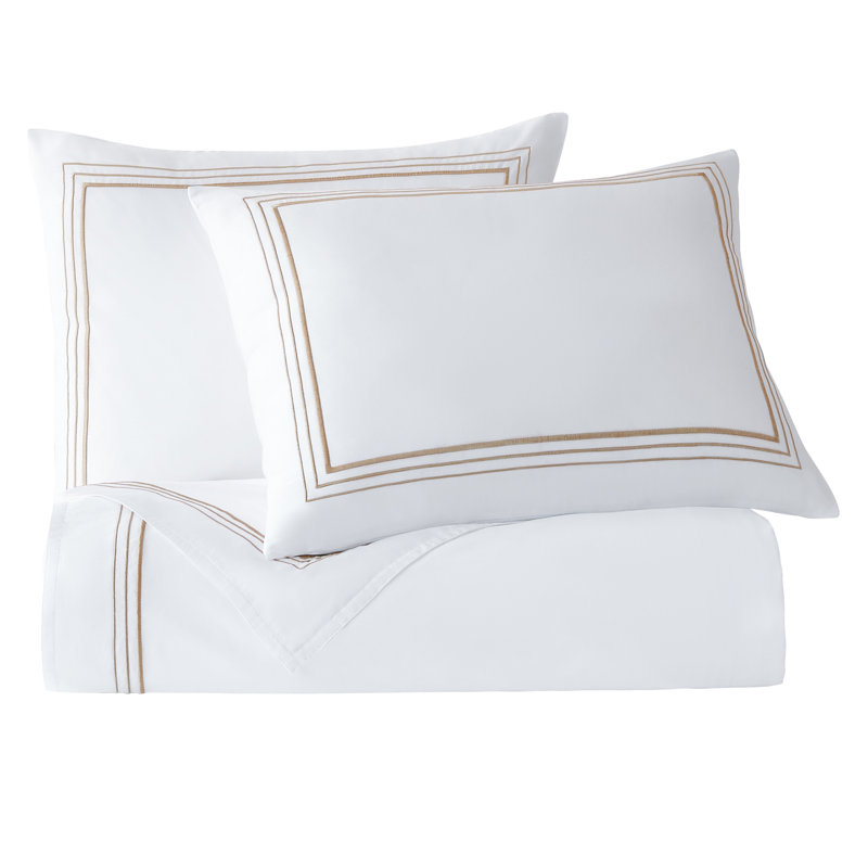 Border Embroidery 100% Cotton Modern Contemporary 3 Piece Duvet Cover Set, King Duvet Cover + 2 King Shams, Light Gold
