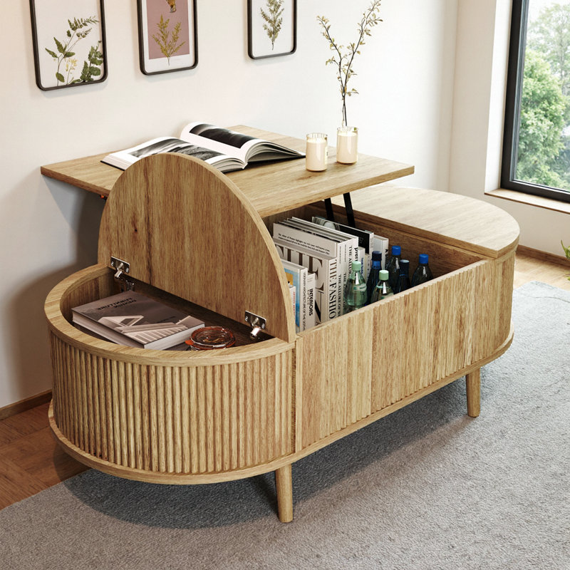 Table basse ovale minimaliste Wildercroft de 47 po avec plateau relevable et rangement dissimulé, fini bois veiné, table centrale moderne en MDF à hauteur réglable pour salon, appartement, espace de travail et salle à manger
