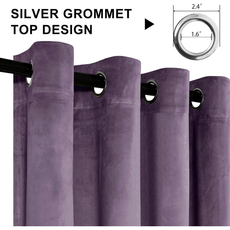 Rithvika Velvet Solid Color Noise Reducing Blackout Grommet Curtain Panels for Home & Office, 52" W x 120" L, Purple