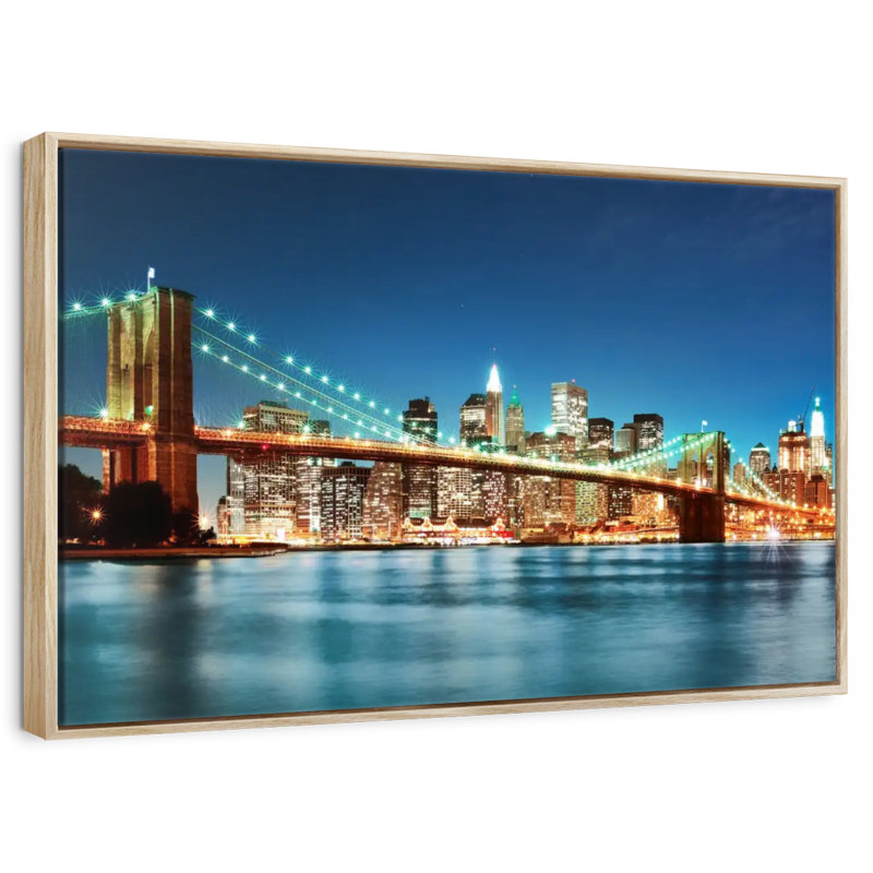 Luminous Brooklyn Bridge, Floating Frame Natural Wood, 43" X 29"