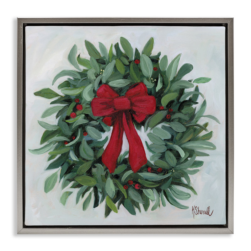 «Wreath with Red Bow», art mural par Kate Sherrill, Cadre flottant gris lustré, H 25 po x l 25 po
