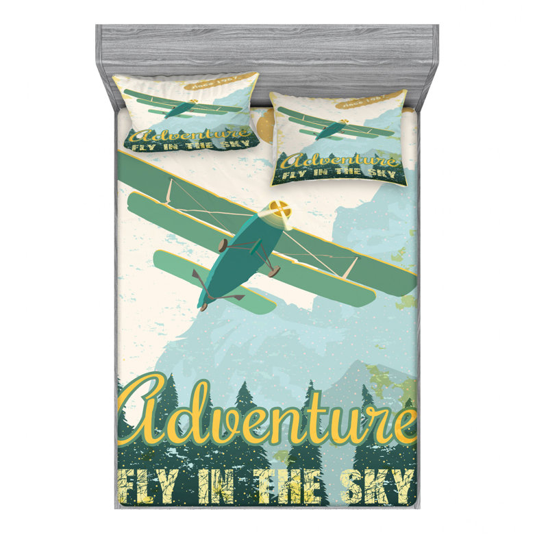 Ensemble de draps Old School Plane In The Sky Trees, Ensemble de draps pour grand lit avec 2 taies d'or