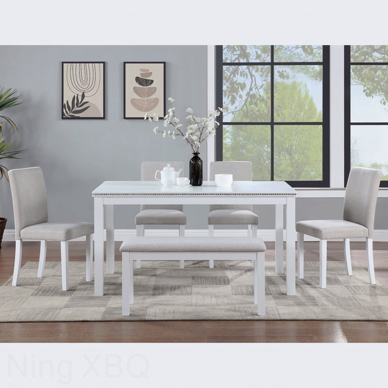 Ensemble de salle à manger en bois 6 pièces: table rectangulaire et 4 chaises rembourrées + banc, décoration en cristal