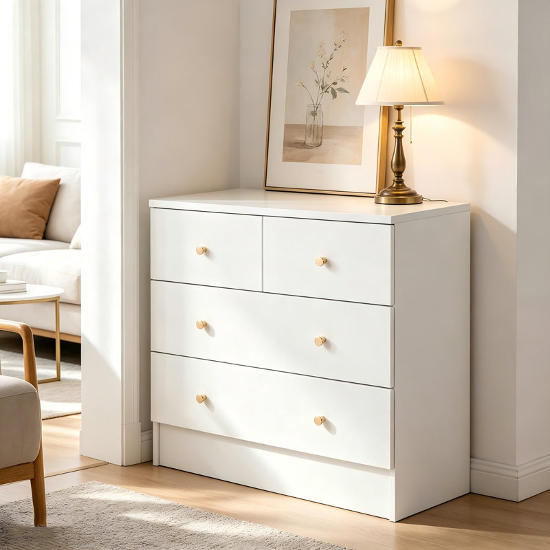White 3-Tier 4-Drawer Dresser With Handles, Bedroom Nightstand Storage Cabinet, White