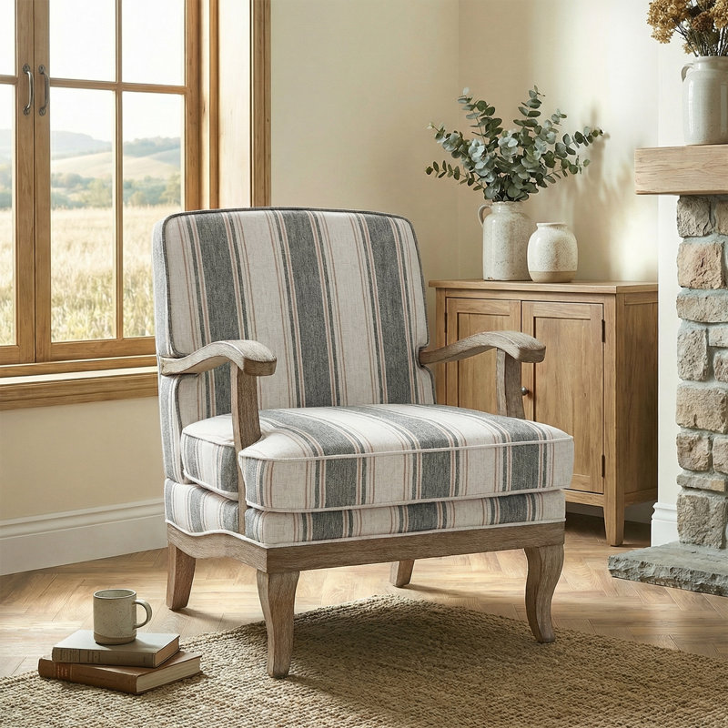Peppone Country Wooden Upholstered Armchair with Solid Wood Armrests, Dark Grey