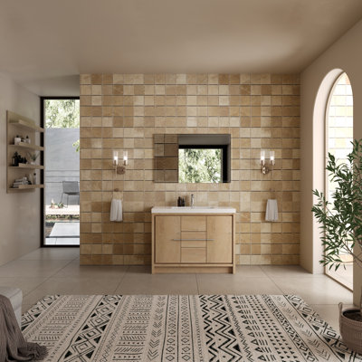 Meuble-lavabo simple 48 po avec plateau en pierre blanc brillant, 3 tiroirs, 2 portes, moderne