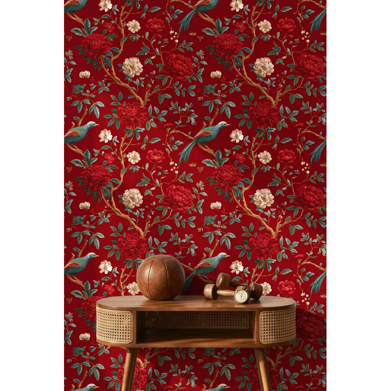 Red Floral Wallpaper Oriental Removable Elegant Wall Double Roll