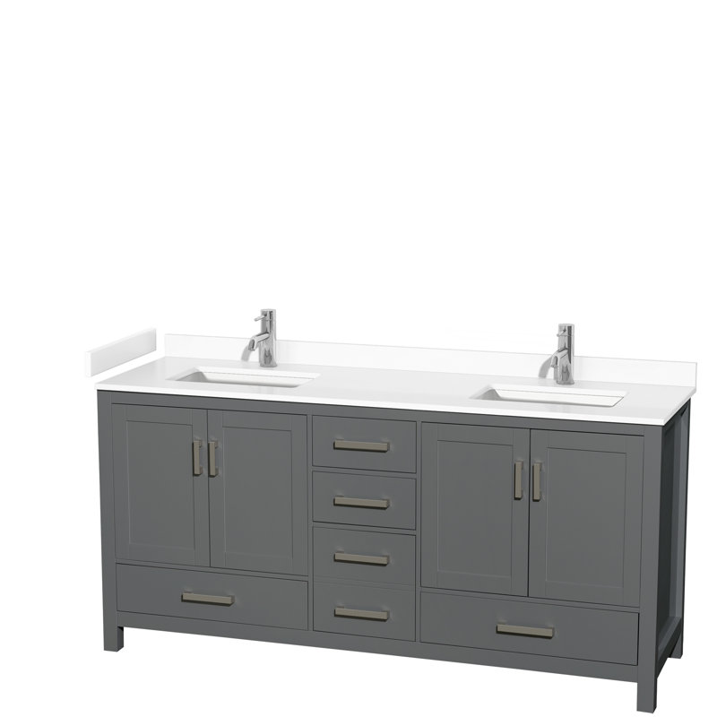 Sheffield 72" Double Bathroom Vanity Set, White Cultured Marble, Dark Gray