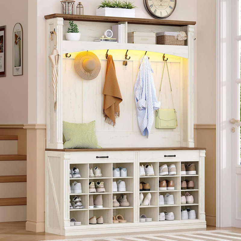 Arbre d'entrée 59 po avec banc et rangement pour chaussures, meuble d'entrée à DEL avec 8 crochets, 24 portemanteaux avec rangement, rangement pour hall d'entrée et portemanteau, blanc rustique