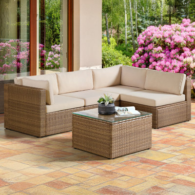 Ensemble de mobilier d'extérieur modulaire 5 pièces Montara - Ensemble de table et chaises en rotin en osier résistant aux intempéries - Ensemble de canapé d'extérieur pour la cour, le porche ou la terrasse (brun clair / crème)