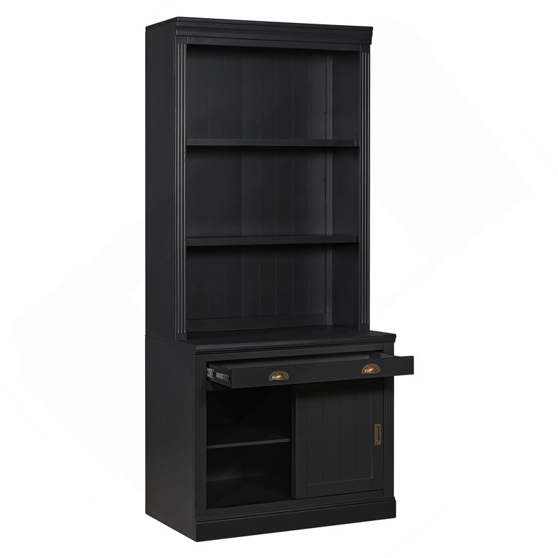 Bibliothèque de 83,4 po de hauteur, bibliothèque moderne avec portes coulissantes et tablettes ouvertes, bibliothèque de rangement pour le salon, bureau personnel, noir