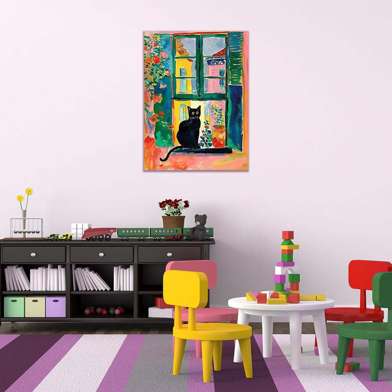 Cat Canvas Wall Art Framed, Matisse Open Window Print Cute Cat Poster Gallery., 60 cm H x 40 cm W