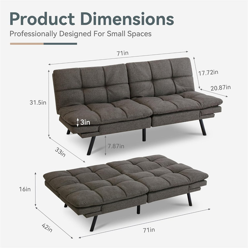 Convertible Futon Sofa Bed with Memory Foam, Gray;Black